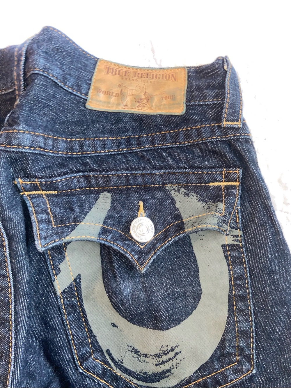 True Religion Vintage Men’s Navy Denim Jeans with Light Gray Horseshoe Print